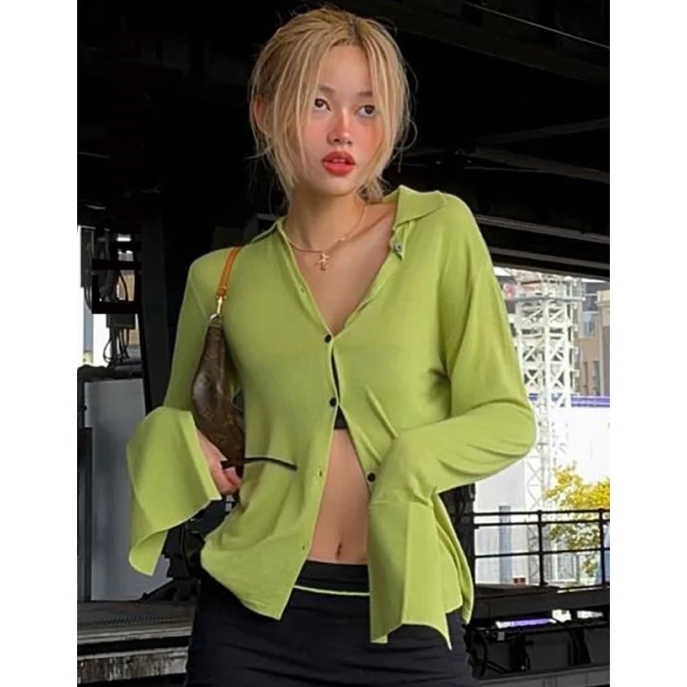COMMENSE • Lime Green Exaggerated Long Sleeve Collared Button-Down Shirt, S - Picture 3 of 16
